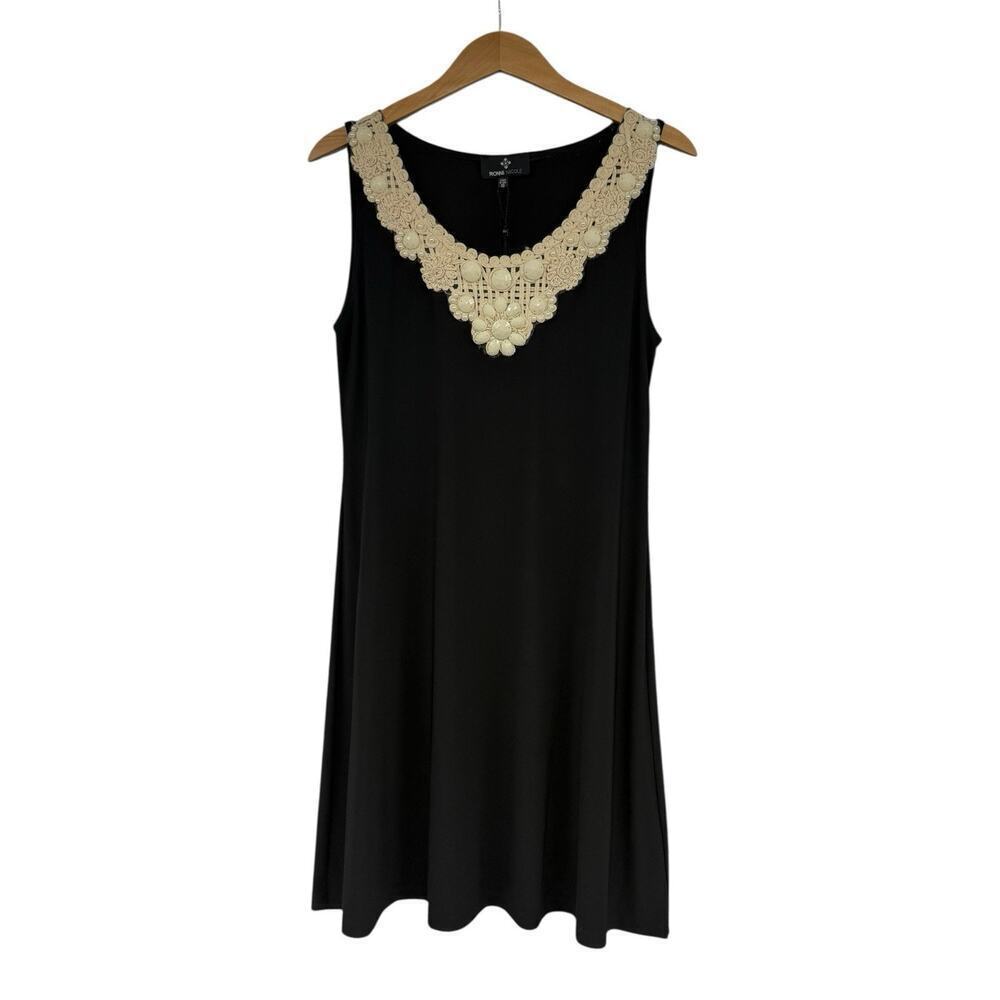 Ronni Nicole Black Slinky Knee Length Dress Modest Beaded Neckline Womens 10 New